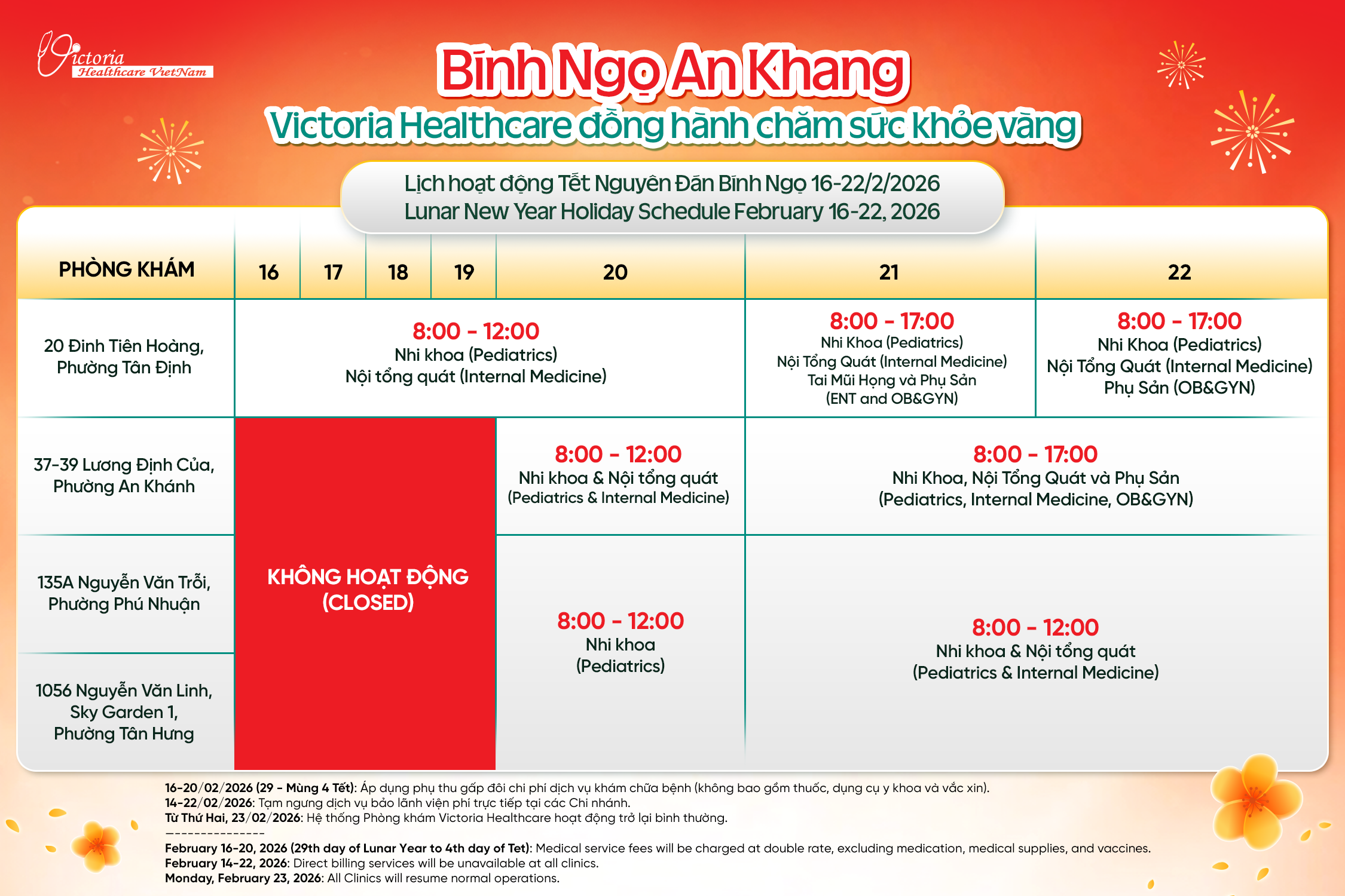 LỊCH LÀM VIỆC VÀ PHÍ DỊCH VỤ TẠI VICTORIA HEALTHCARE DỊP TẾT NGUYÊN ĐÁN BÍNH NGỌ 2026