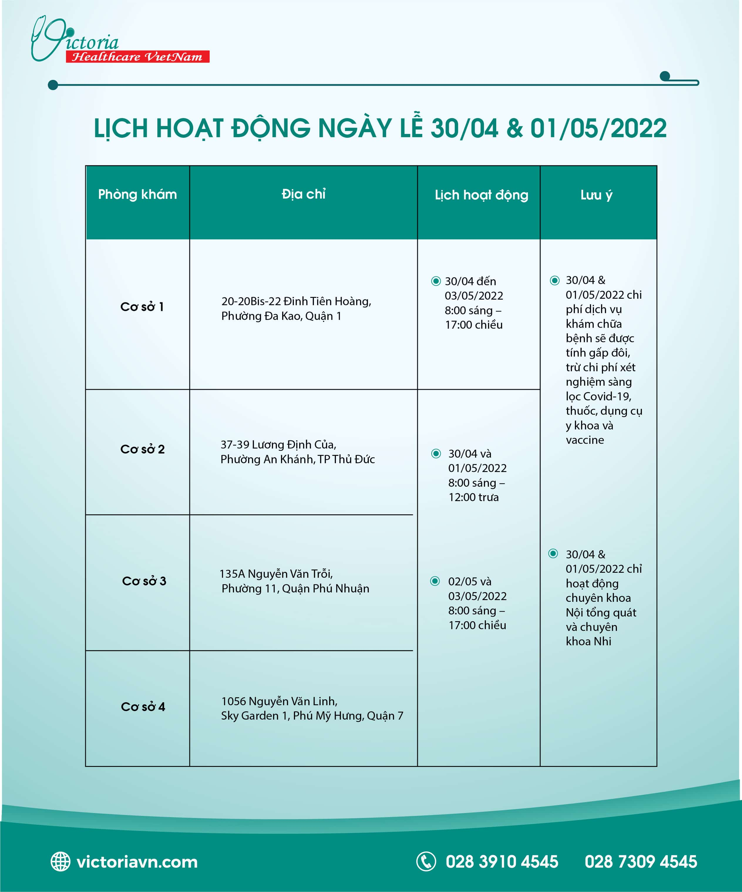 LỊCH HOẠT ĐỘNG NGÀY LỄ 30/04 & 01/05/2022