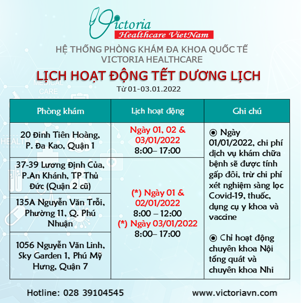 LỊCH HOẠT ĐỘNG TẾT DƯƠNG LỊCH PHÒNG KHÁM VICTORIA HEALTHCARE 2022