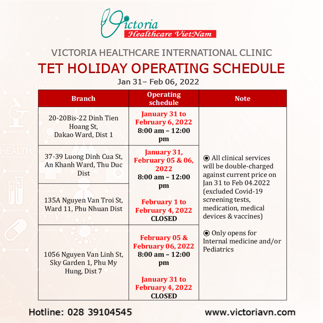 VICTORIA HEALTHCARE INTERNATIONAL CLINIC TET HOLIDAY OPERATING SCHEDULE 2022